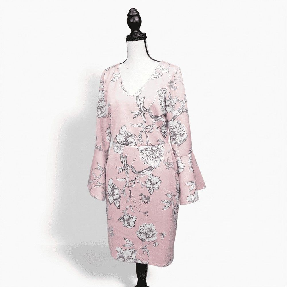 Blush Pink Floral Print Bell Sleeve Midi Dress Size Medium V-Neck Stretch Party
